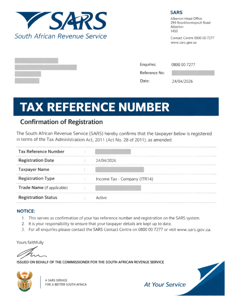 SARS Tax Reference Number confirmation of registration