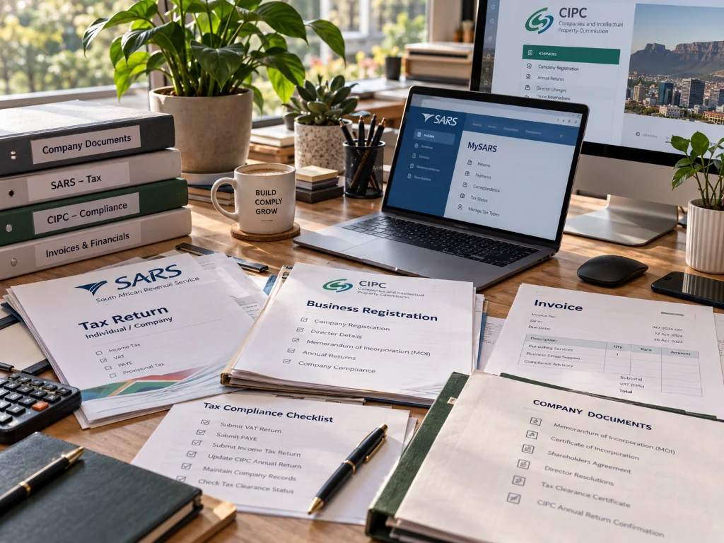 Company registration and tax compliance documents on a desk